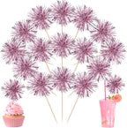 40 PCS Foil Firework Cupcake Toppers Sparkle Tinsel Cupcakae Picks Sparkler Fireworks Party Decorations Cocktail Fruit Toothpick for Birthday Wedding Graduation Party Decorations Supplies Pink