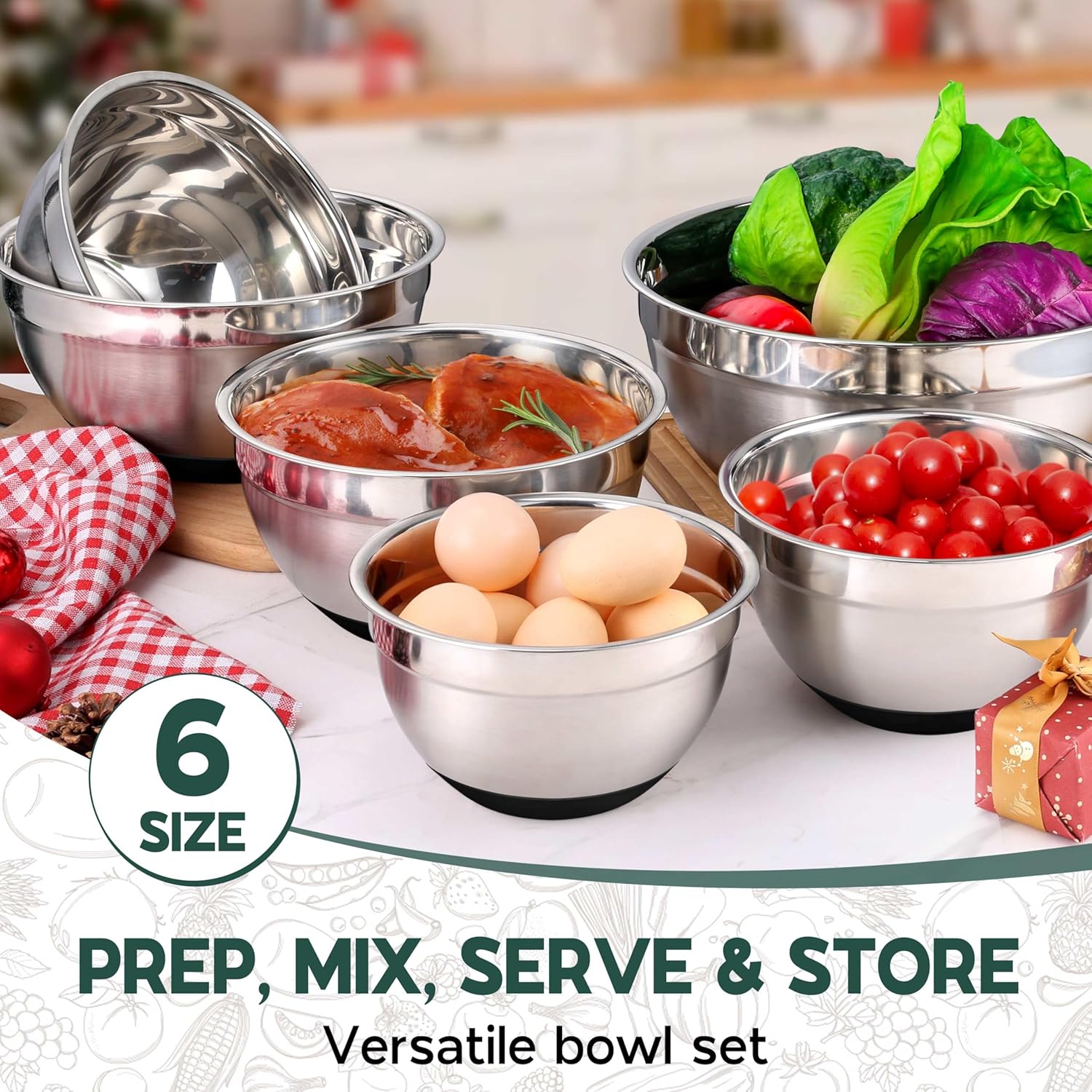 Mixing Bowls with Lids Set of 6 for Kitchen, Stainless Steel Metal Nesting Bowls with Non-Slip Bottom Black - Size 1, 1.5, 2, 2.6, 3.5, 7QT