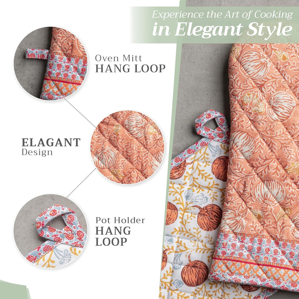 Maison d' Hermine 100% Cotton Oven Mitt & Pot Holder Set (7.5"x13" & 8"x8") Heat Resistant BBQ Cooking Gloves with Loop, Baking, Grilling, Kitchen, Handling Hot Pans (Harvest Festival)