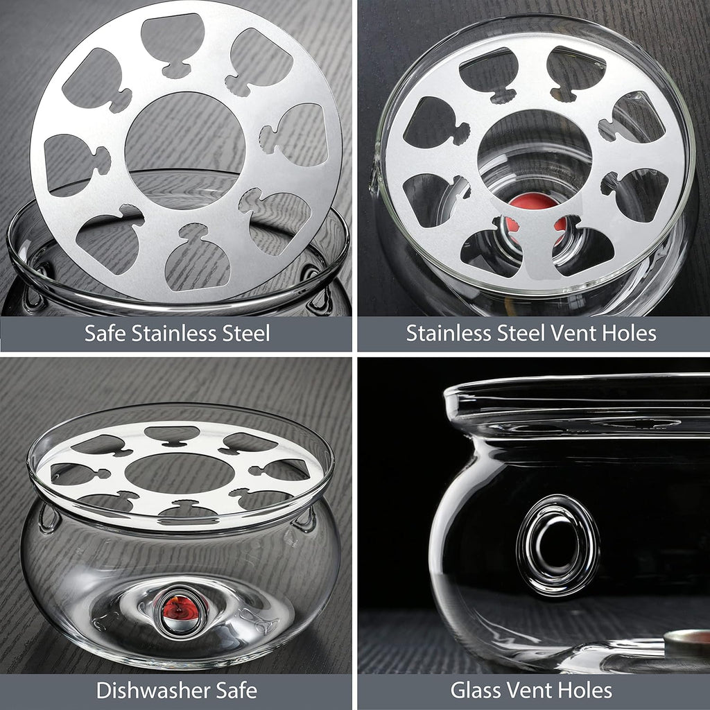 CnGlass 33.8oz Glass Teapot with Removable Infuser,Stovetop Safe Tea Kettle with 4-Pack Glass Teacups 3.4oz and Tea Warmer 5.3 in/13.5cm Diameter