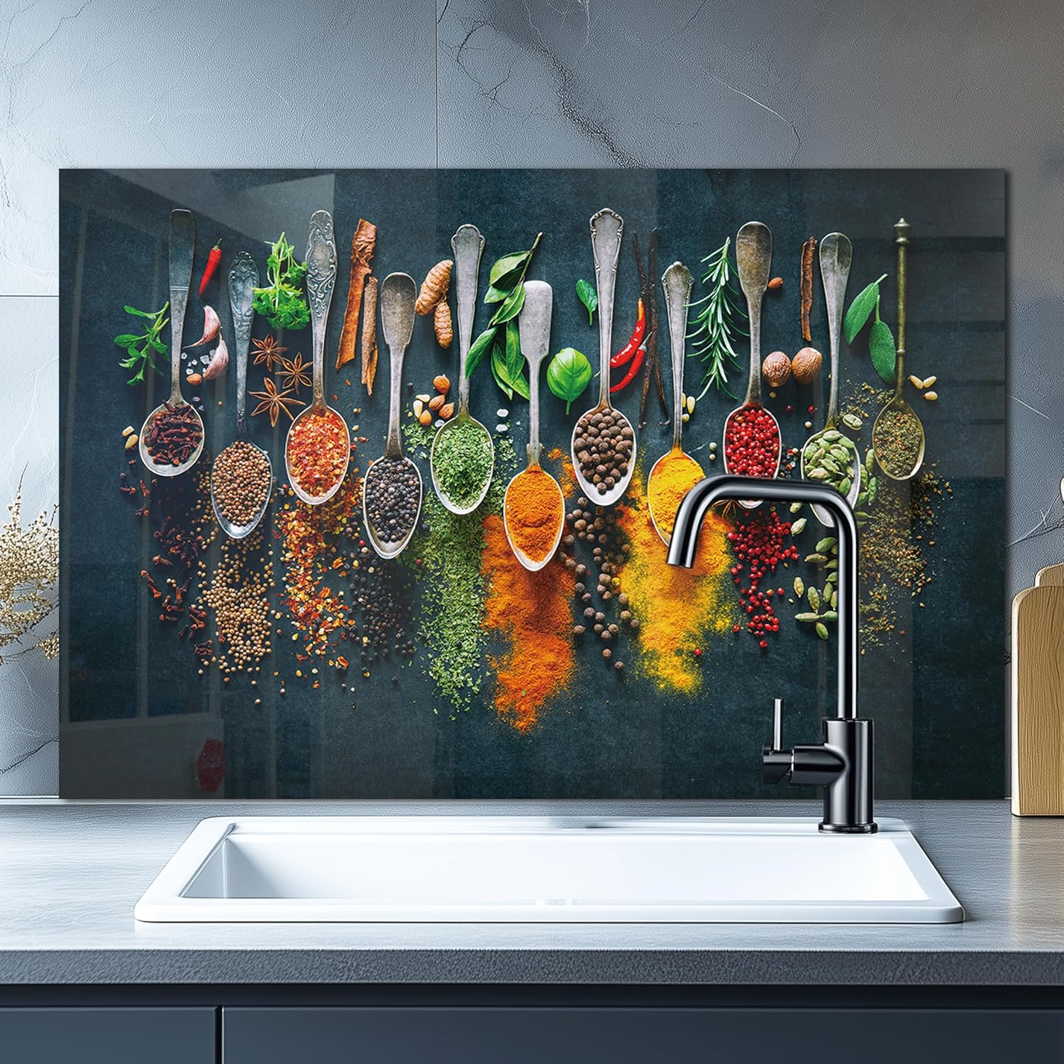 DAIFURONGE Spice Tempered Glass Backsplash For Kitchen Behind Stove,Stove Back Top Cover,Easy to Clean Glass Splashback, Sink Cover Splash Guard,Home Kitchen Wall Decor (35.43"x23.62"(90x60cm))