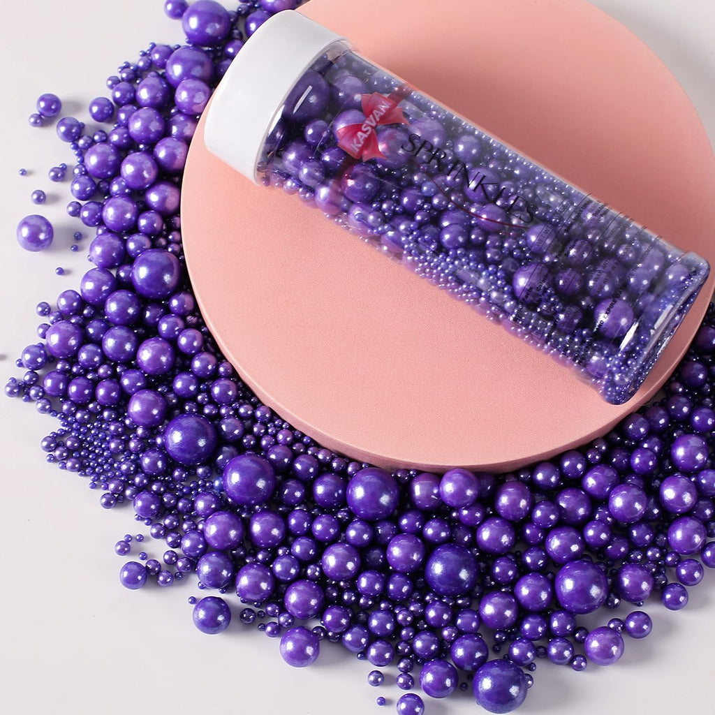 Kasvan Purple Pearl Sugar Sprinkles - Edible Candy Pearls 130g/4.58 Oz, Mix Size, Baking Cake Decorations, Ice Cream Toppings and Cookie Decorating, Wedding Party Chirstmas Supplies