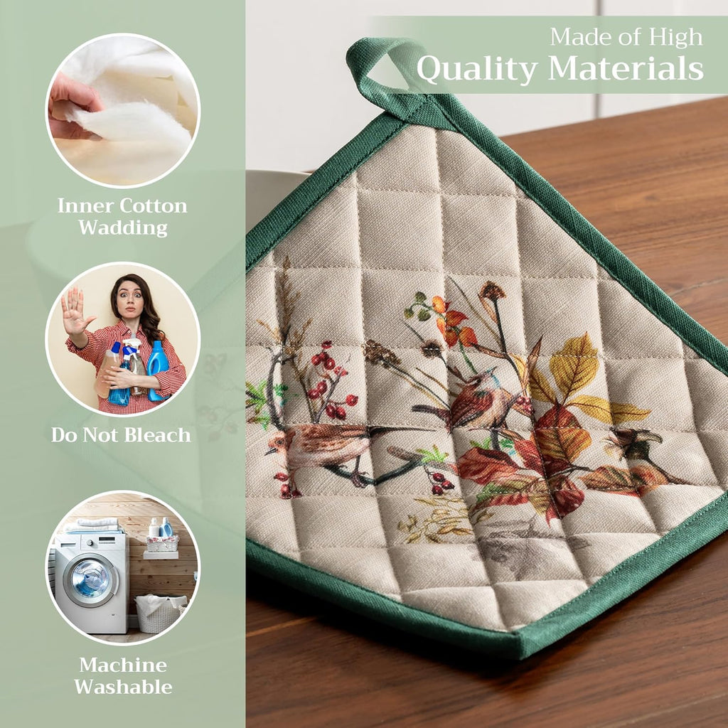 Maison d' Hermine Pot Holders Set 100% Cotton Heat Resistant Potholders 8" x 8" Hot Pads with Loop BBQ, Cooking, Baking, Grilling, Kitchen, Handling Hot Pans (Pack of 2, Recolte)