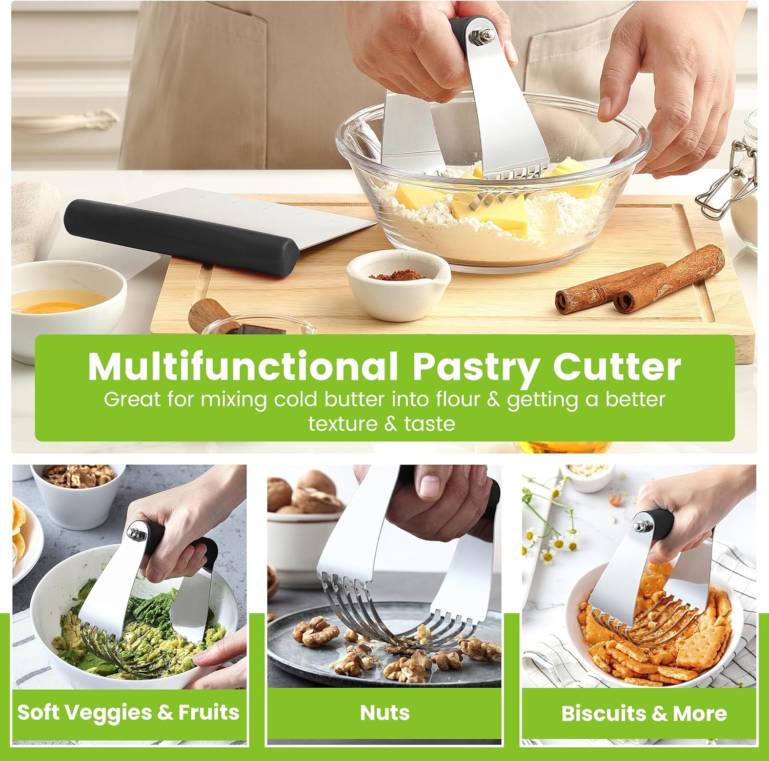 Spring Chef Dough Blender & Pastry Cutter Tool, Stainless Steel Pastry Blender & Bench Scraper for Pizza, Nut, Pie - Multipurpose Dough Cutter & Scraper Tool for Baking with Soft Grip Handles - Black