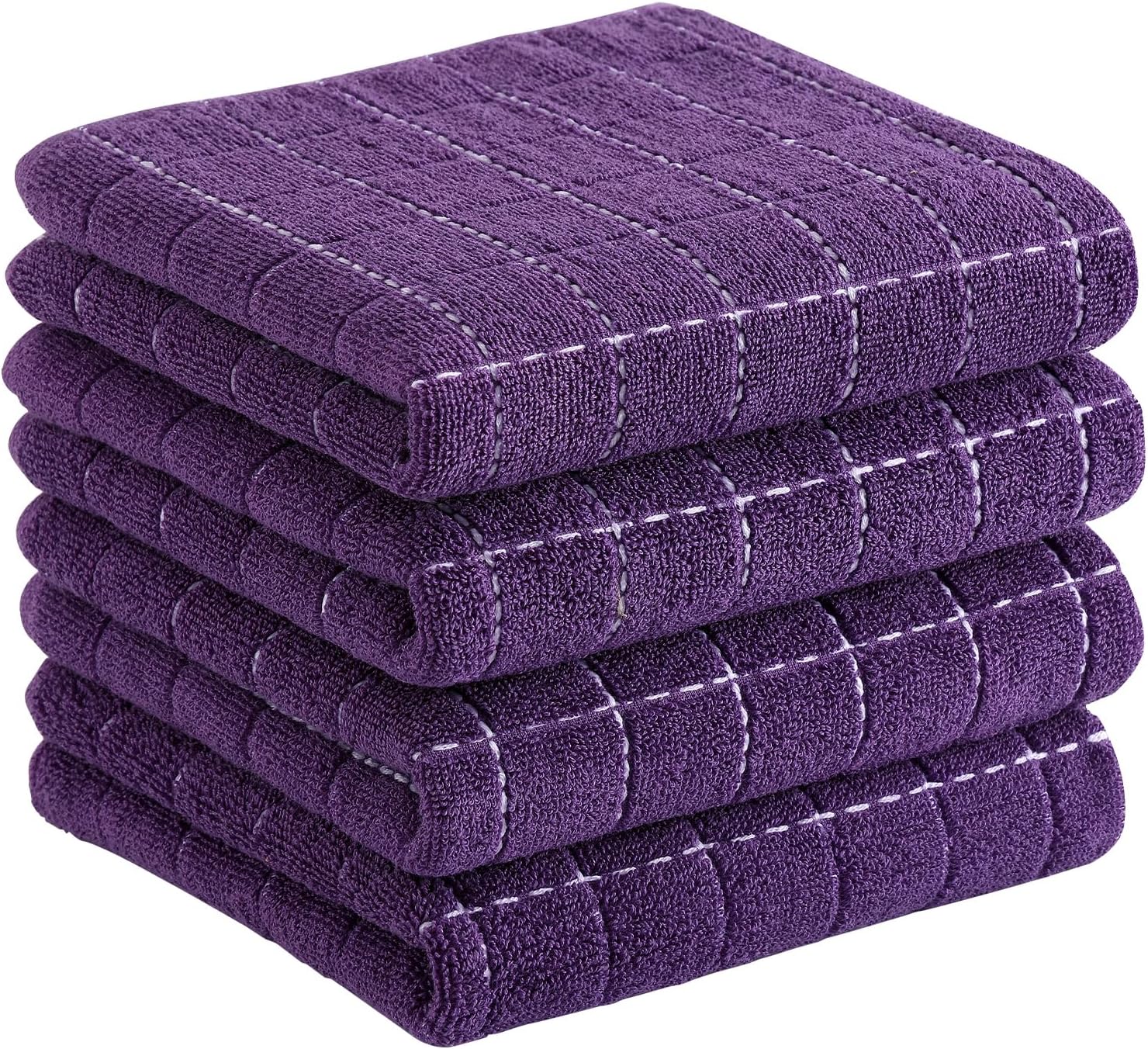 Homaxy 100% Cotton Terry Kitchen Towels(Purple, 13 x 28 inches), Checkered Designed, Soft and Super Absorbent Dish Towels, 4 Pack