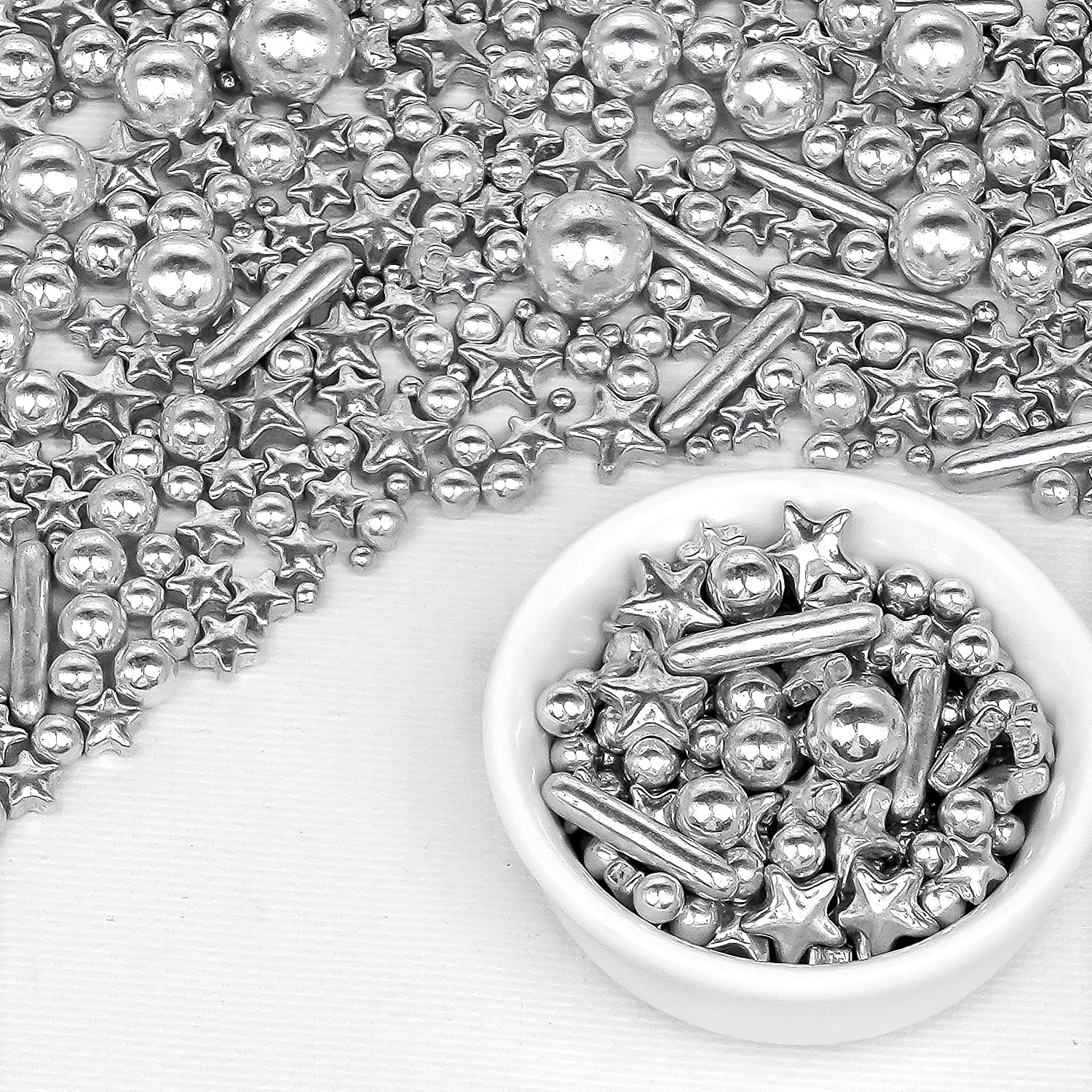 Silver Pearl Rods Star Sugar Sprinkles, Silver Sprinkles for Cake, Edible Pearls Baking Candy, 150g/5.29oz Mix Size, Cupcake Decoration, Wedding Party Supplies