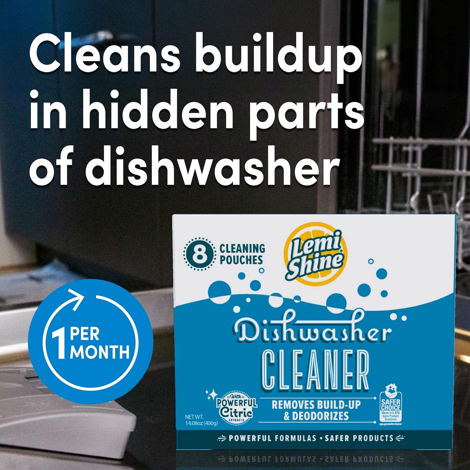Lemi Shine Natural Dishwasher Cleaner Powered By Citric Acid | 100% Guaranteed Hard Water Cleaning Powder | Eco-Friendly Dishwasher Cleaner and Deodorizer With Fresh Lemon Scent (8 Count)
