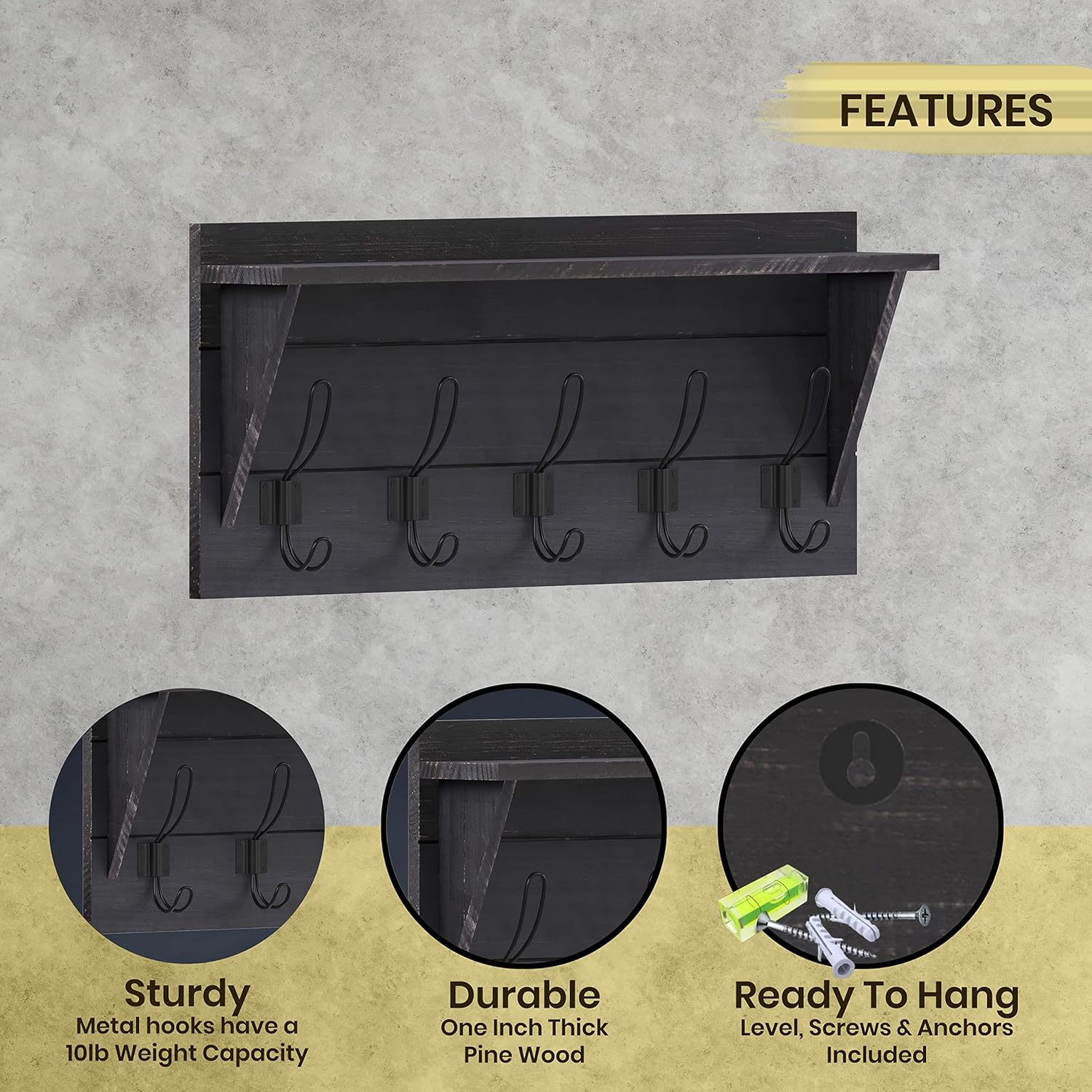 HBCY Creations 24" Wall Mounted Storage Rack - Pine Wood Construction - Black Wash - Upper Storage Shelf - 5 Hooks - Ideal for Entryway, Kitchen, Bathroom