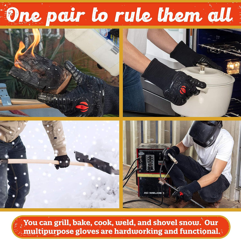 GRILL HEAT AID BBQ Grill Gloves Heat Proof for Grilling – Fireproof 1472°F Heat-Resistant Grill Mitts for Outdoor Barbecue and Smoker, Campfire, Fire Pit, Oven Glove with Fingers for Baking Pizza