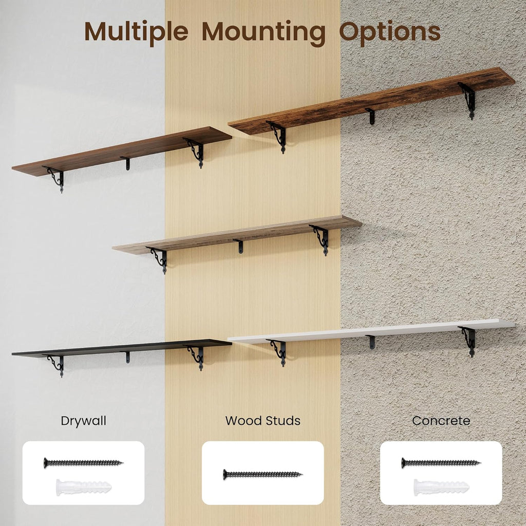 RICHFOCUS Floating Shelves for Wall Decor, 55.1W x 8D Shelves Set of 2, 8 Inch Deep Rustic Wood Shelves Wall Mounted with Brackets, Long Floating Shelves for Living Room Bedroom Kitchen, Grey