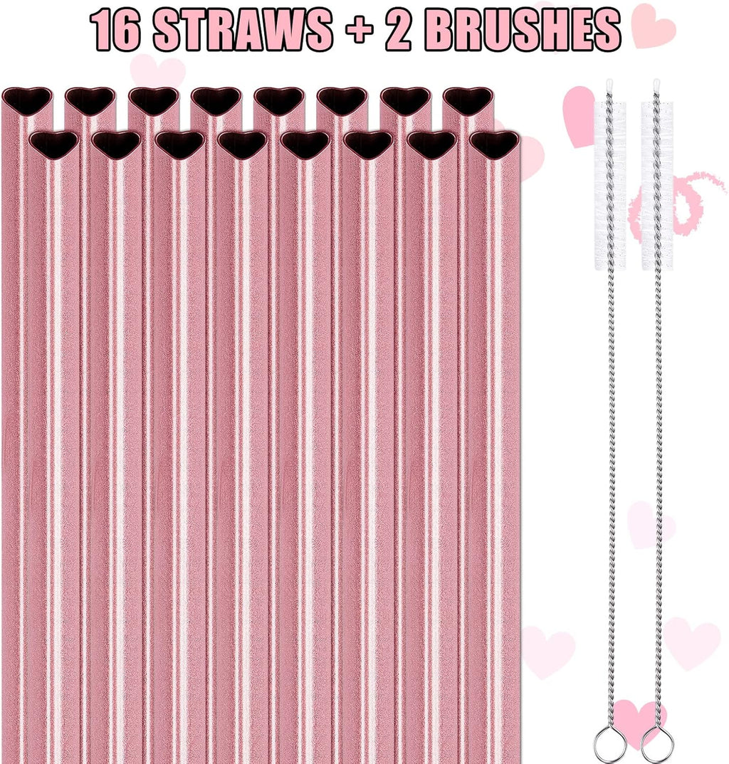 NiHome Reusable Straws 16 Pack, Stainless Steel Drinking Straws, Heart Shaped Metal Straw Bulks with 2 Cleaning Brushes for Smoothies Tumblers Cocktail MilkShake, Pearl Pink