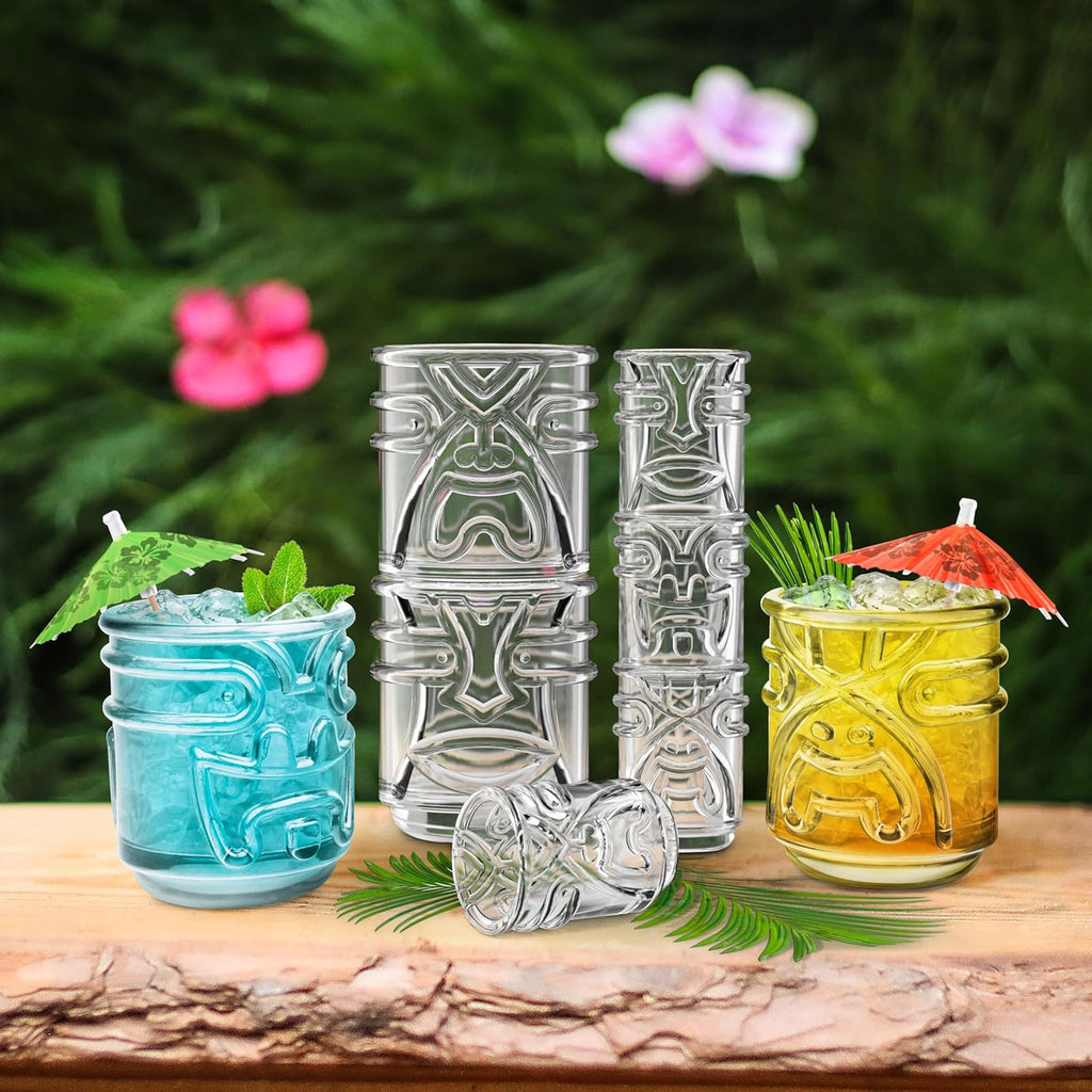 Final Touch Tiki Shot Glasses Set of 4 - Kanaloa, Lono, Kū, Kāne Designs, 2 oz (60 ml), Clear, Stackable Totem Pole Storage, Durable Glassware for Tropical Shots (TK5301)