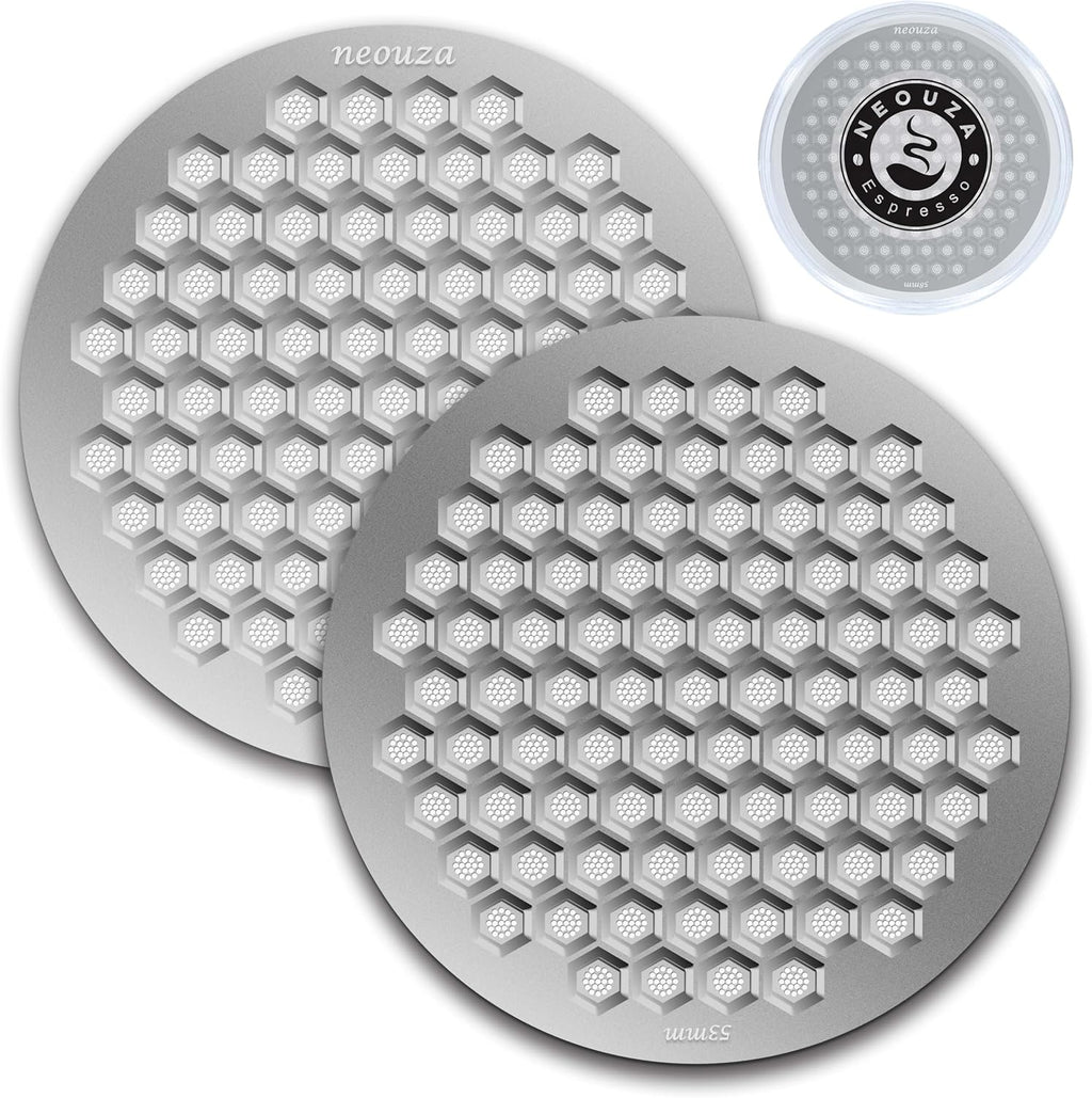 NEOUZA V4 Espresso Puck Screen 0.8mm Thickness Honeycomb Mesh Double Layer Black Protective Coating for Coffee Portafilter Basket (2, Silver, 53mm)