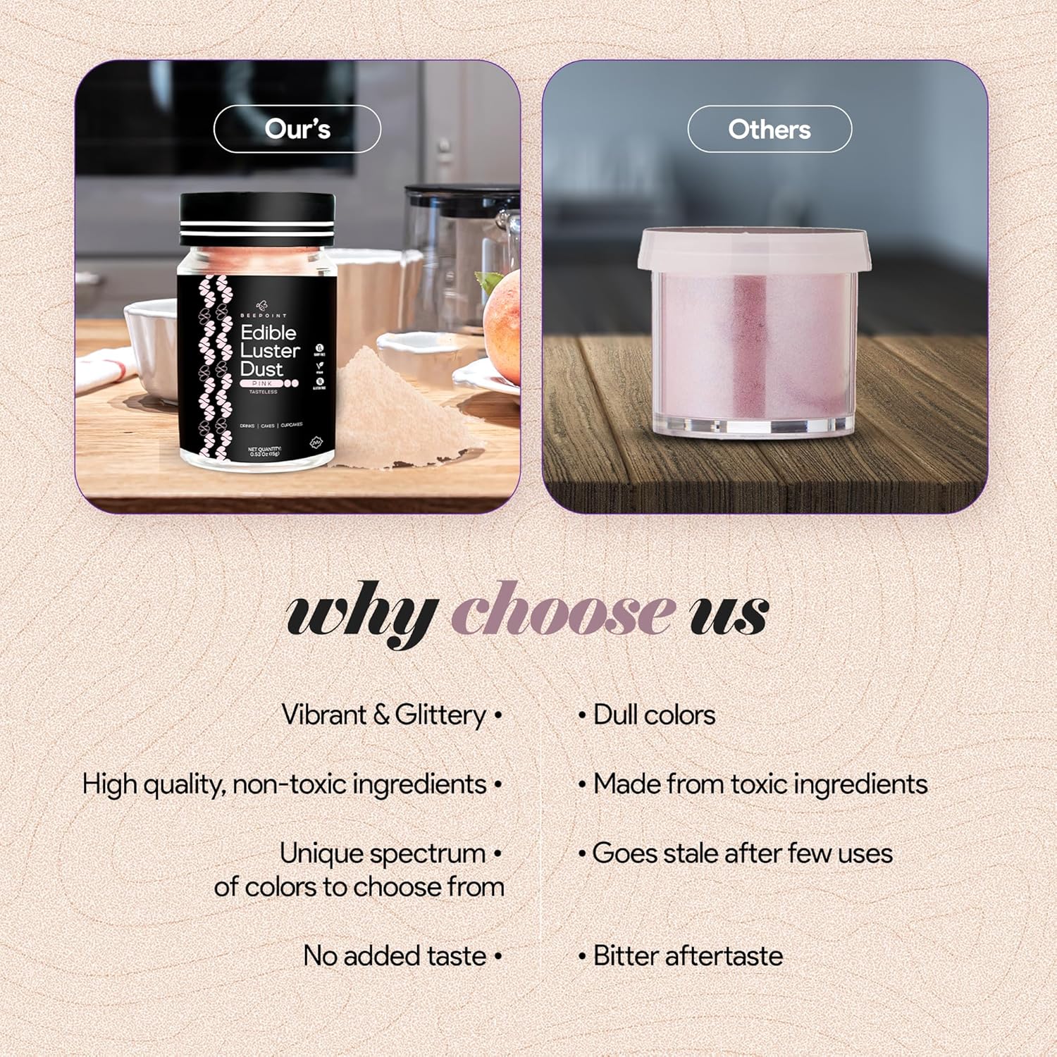 BeePoint Pink Edible Luster Dust 15g - Food Grade, Vibrant Color Shimmer Powdered Dust for Drinks, Cocktails, Cake Decorating, Baking, Chocolates, Candy, Sweets, & Cookies - Vegan & Gluten Free