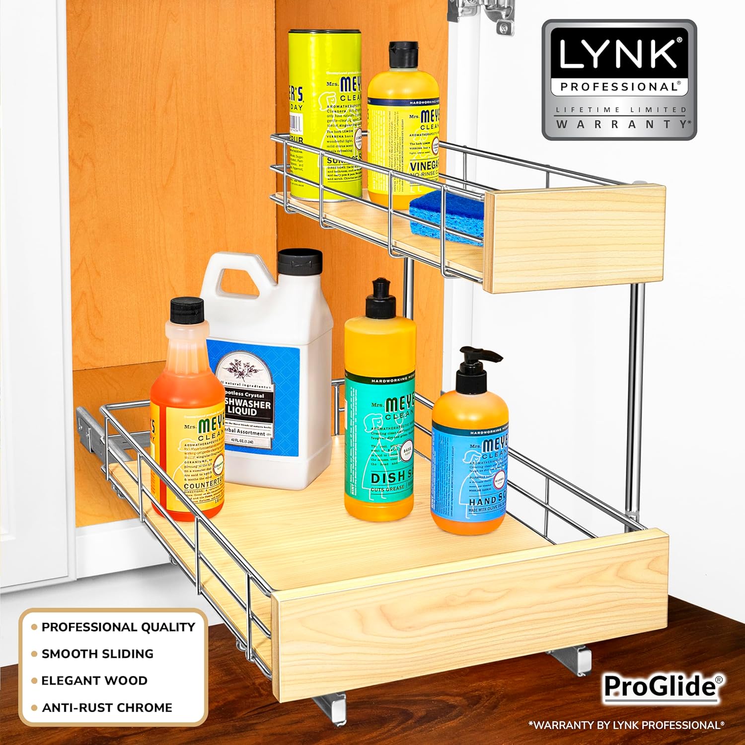 LYNK PROFESSIONAL® SELECT™ Pull Out Under Sink Kitchen Cabinet Organizer - 11.5 in. x 18 inch deep Drawer - Sliding Shelf Organizer and Undersink Storage Shelves - Lifetime Ltd. Warranty – Chrome