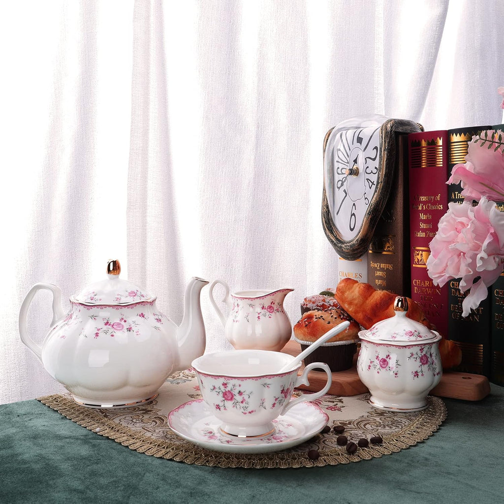 fanquare Vintage Porcelain Tea Set for Women Tea Party, Cup and Saucer Set for 6, Wedding Floral Teapot Set for Adults, Pink Rose