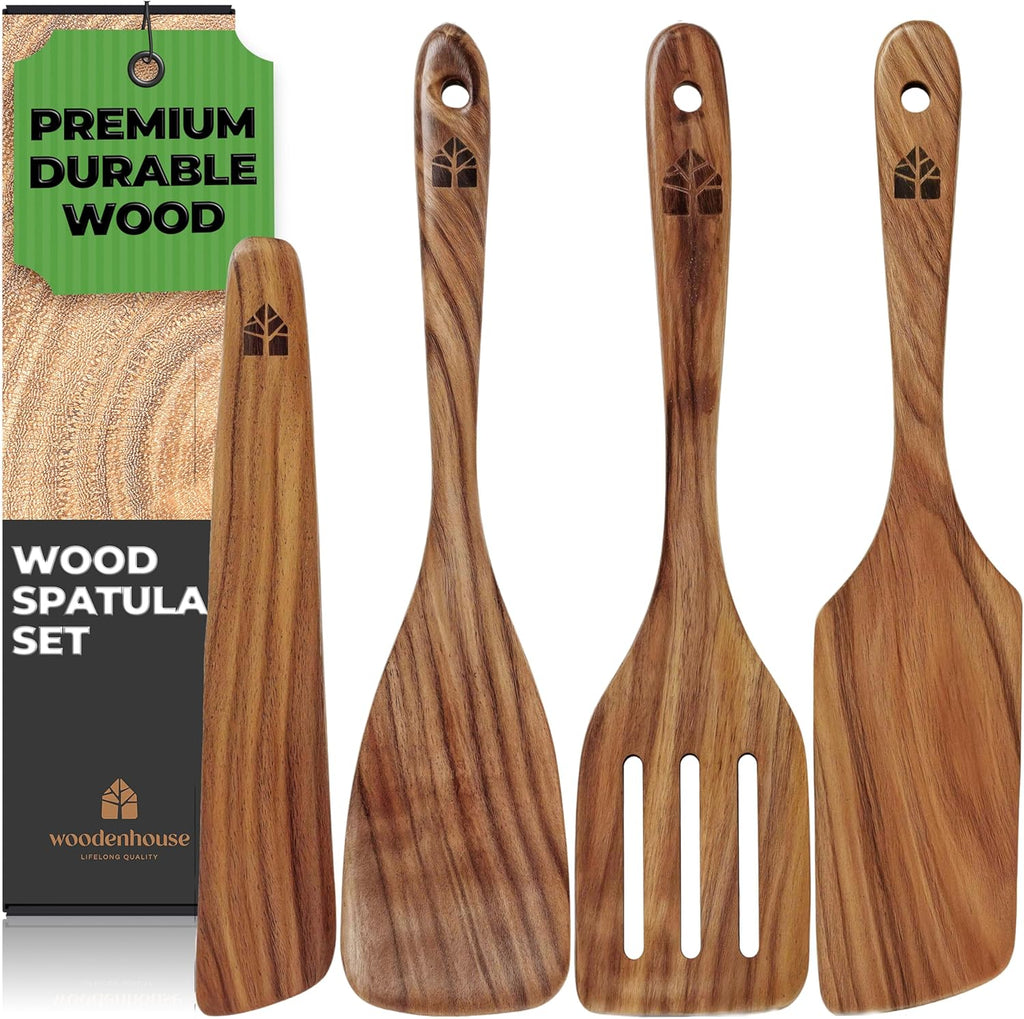 Wooden Spatula for Cooking, Teak Spatulas for Kitchen Use - Wooden Cooking Utensils Set of 4 including Paddle, Turner, Slotted Spurtle and Wood Scraper. Nonstick cookware.