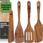 Wooden Spatula for Cooking, Teak Spatulas for Kitchen Use - Wooden Cooking Utensils Set of 4 including Paddle, Turner, Slotted Spurtle and Wood Scraper. Nonstick cookware.