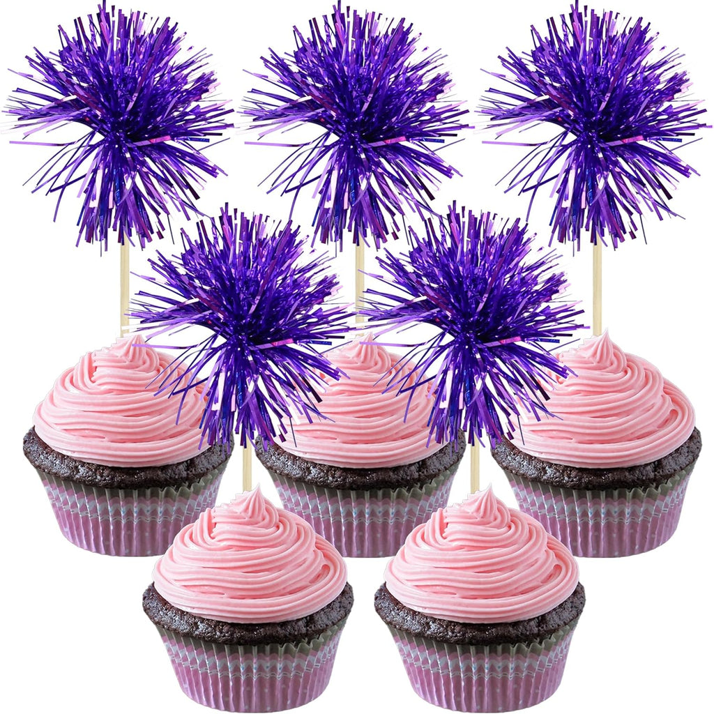 Gyufise 30Pcs Foil Firework Cupcake Toppers Sparkle Tinsel Cake Toppers Tinsel Drink Cake Decoration Cocktail Picks for Birthday Wedding Graduation Party Supplies Dark Purple