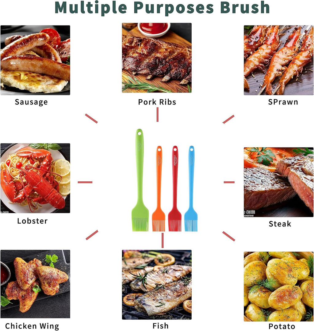 4PCS Silicone Basting Pastry Brush, MONGSEW Heat Resistant Food Brush Spread Oil Butter Sauce for BBQ Grill Baking Kitchen Cooking, BPA Free, Dishwasher Safe (Multicolor, 4 Pcs)