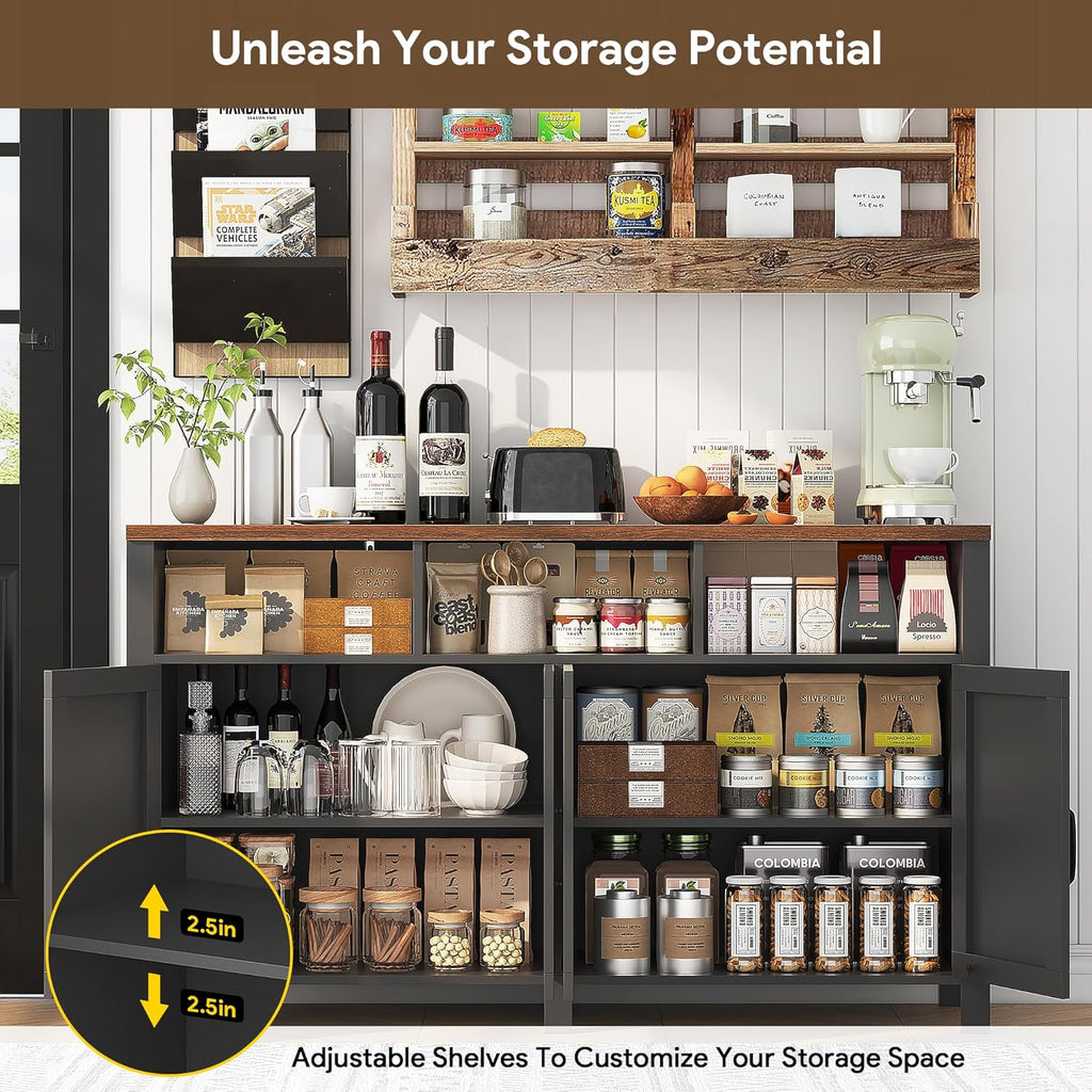 Buffet Sideboard with Storage Farmhouse with 4 Doors, 55'' Large Kitchen Storage Cabinet Wood Coffee Bar Cabinet Buffet Table with Shelves for Kitchen, Dining Room, Entryway (Black, 55 in)