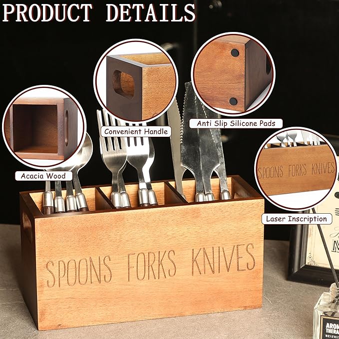 Silverware Holder, Acacia Wooden Small Utensil Caddy for Party , Silverware Organizer for Table Countertop, Wood Fork Spoon Knife Holder (Brown)