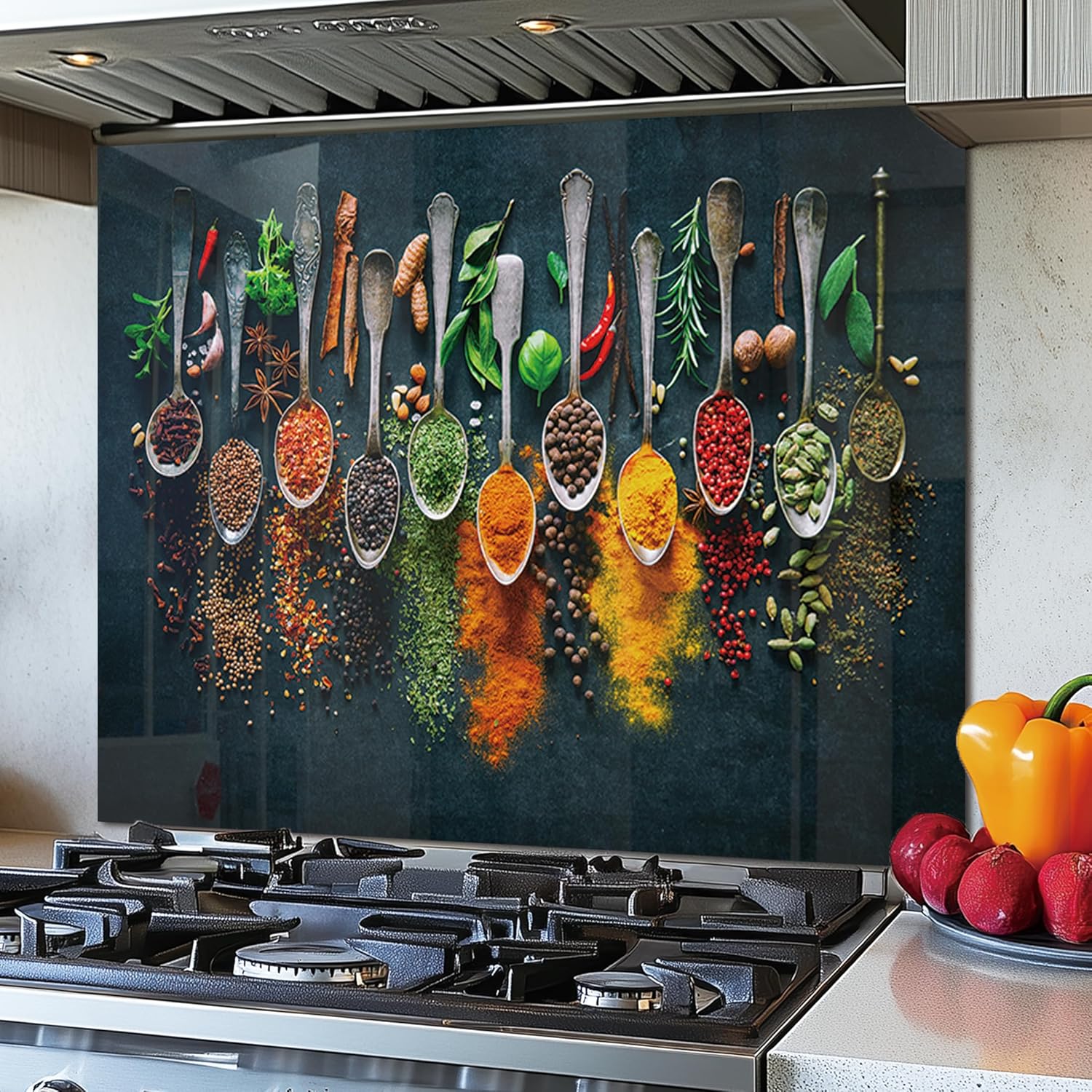 DAIFURONGE Spice Tempered Glass Backsplash For Kitchen Behind Stove,Stove Back Top Cover,Easy to Clean Glass Splashback, Sink Cover Splash Guard,Home Kitchen Wall Decor (35.43"x27.56"(90x70cm))