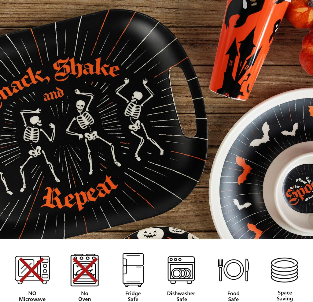 Oasis Choice 2-Pack Halloween Skeleton Serving Trays, 18" Large Handled Tray & 13" Chip & Dip Platter for Horror Party, BBQ, picnics and Birthday Decor (Bamboo Fiber, Black, 18inch)