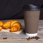 Promora Brown Disposable Coffee Cups With Lids 16 oz, Premium Insulated Paper Ripple Cups for Hot Coffee (80 Pack)