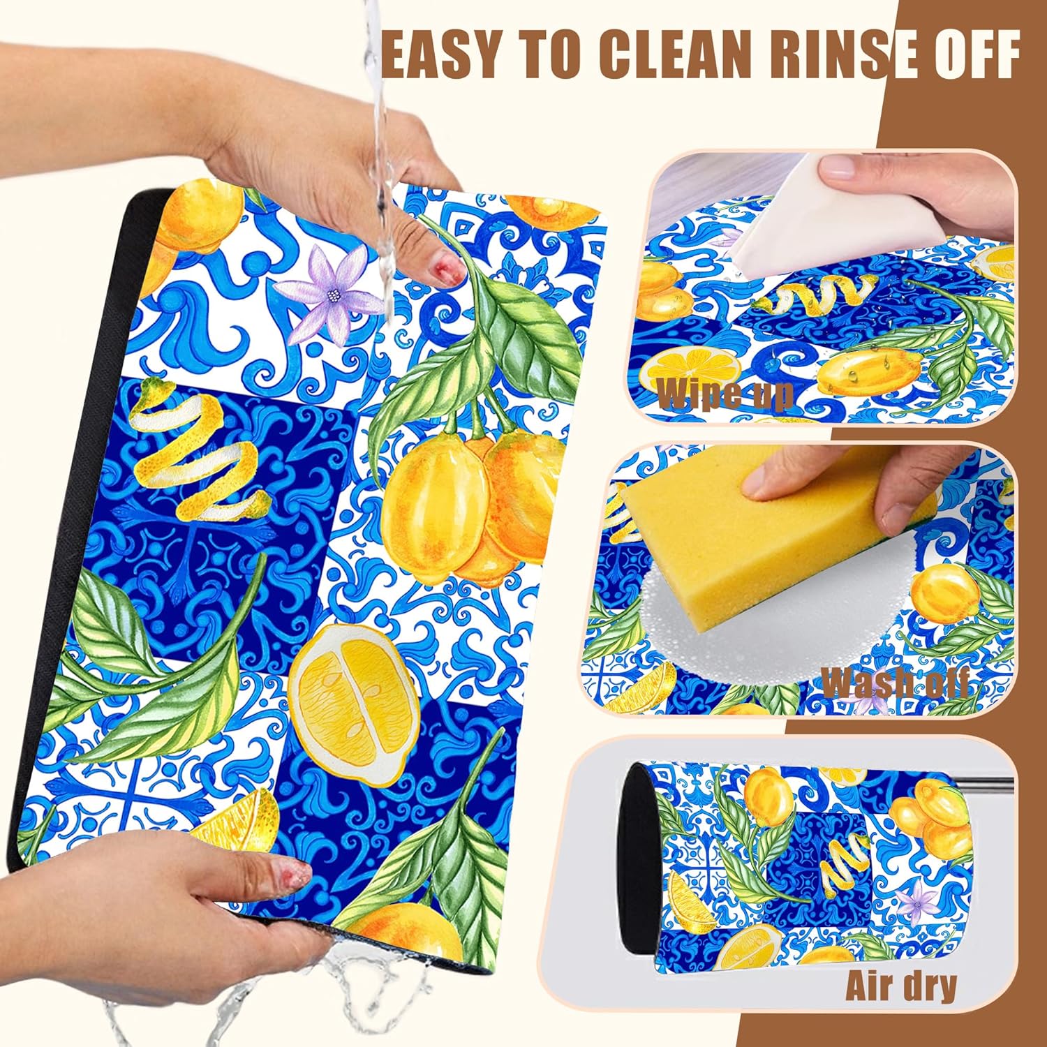 Lemon and Blue Tile Dish Drying Mat for Kitchen Counter Coffee Mat Hide Stain Absorbent Rubber Backed Dish Drainer Rack Pad Espresso Machine Coffee Bar Accessories 15.7 x 23.6 Inch