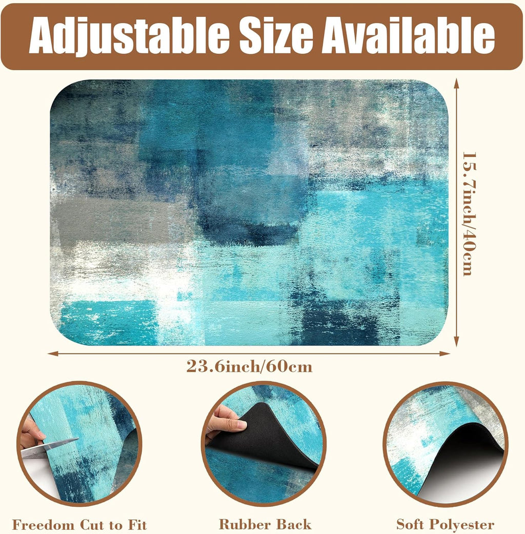 Teal and Grey Abstract Art Dish Drying Mat for Kitchen Counter Hide Stain Absorbent Coffee Mat Rubber Backed Drying Rack Pad Espresso Machine Coffee Bar Accessories 15.7 x 23.6 Inch