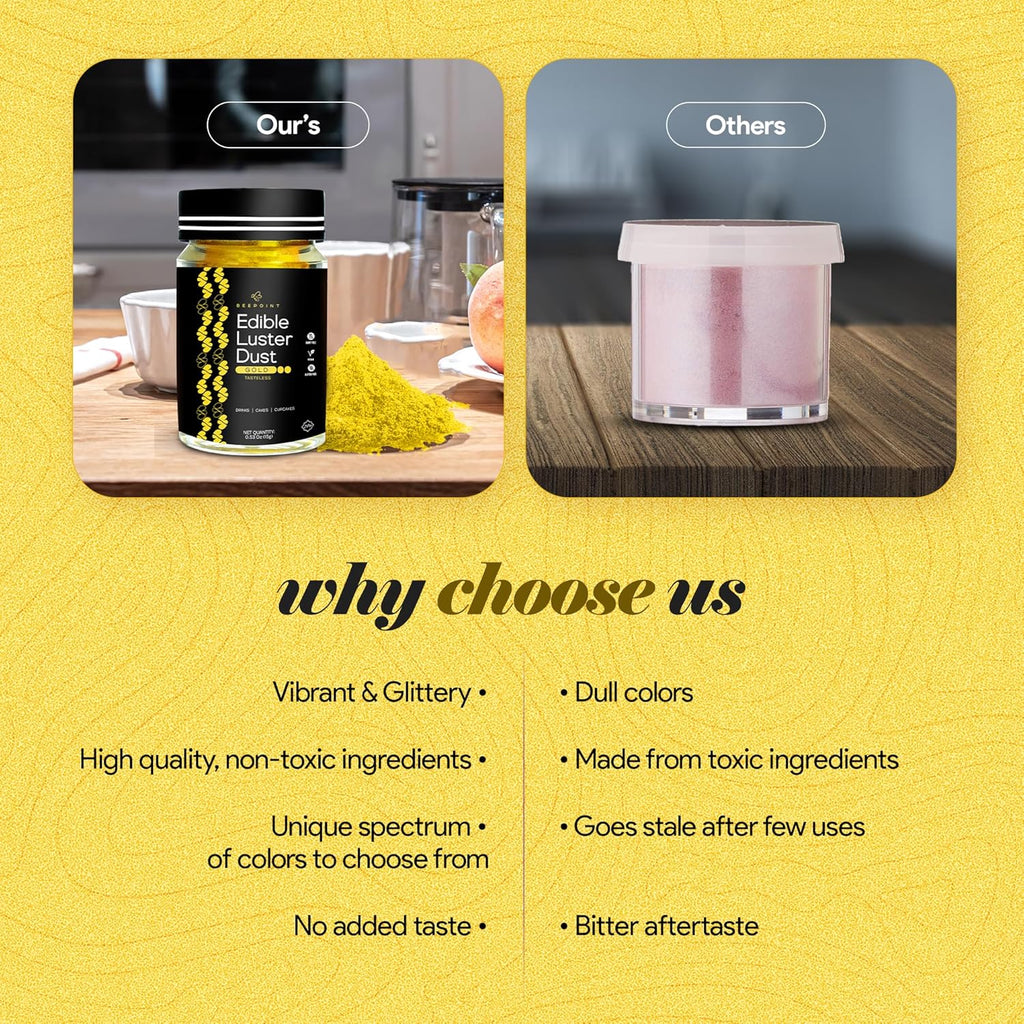 BeePoint Gold Edible Luster Dust 15g - Food Grade, Vibrant Color Shimmer Powdered Dust for Drinks, Cocktails, Cake Decorating, Baking, Chocolates, Candy, Sweets, & Cookies - Vegan & Gluten Free