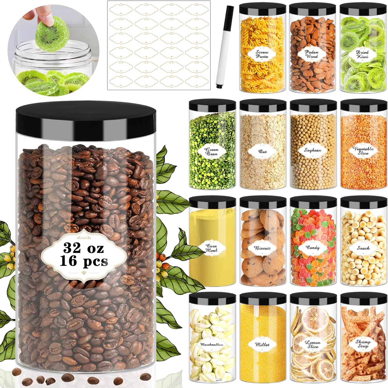 Plastic Jars with Lids, 16 Pcs 32 OZ Large Plastic Storage Jars with Black Leakproof Lids Cylinder Plastic Storage Container Jar Reusable Clear Empty Jars for Home and Kitchen Organizing