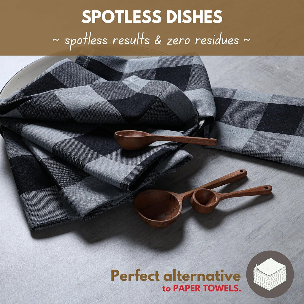 Native Fab Buffalo Check Kitchen Dish Towels, 4 Pack, Cotton, Durable, Washable 16"x26" - Tea Towel, Soft Absorbent Cleaning Towels, Hand Towels with Hanging Loop - Black, Grey