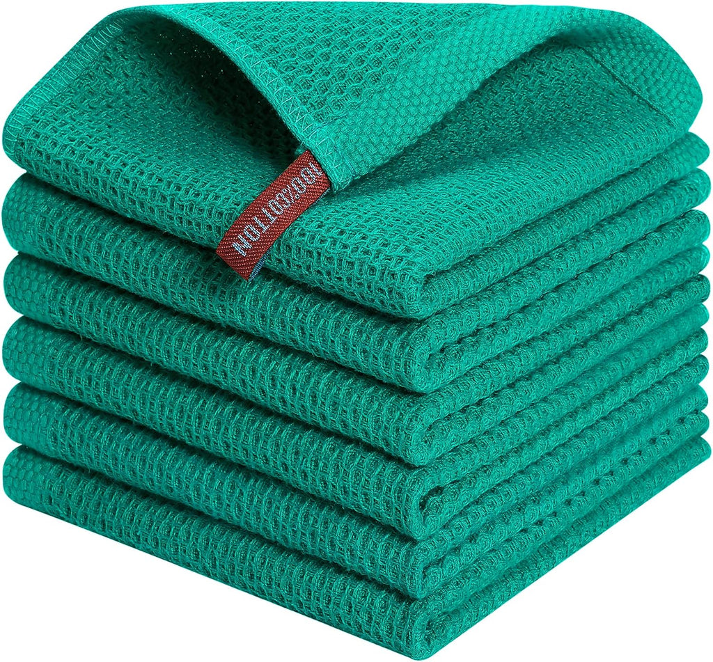Kitinjoy 100% Cotton Kitchen Dish Cloths, 6 Pack Waffle Weave Ultra Soft Absorbent Dish Towels for Drying Dishes Quick Drying Kitchen Towels Dish Rags, 12 X 12 Inches, Teal