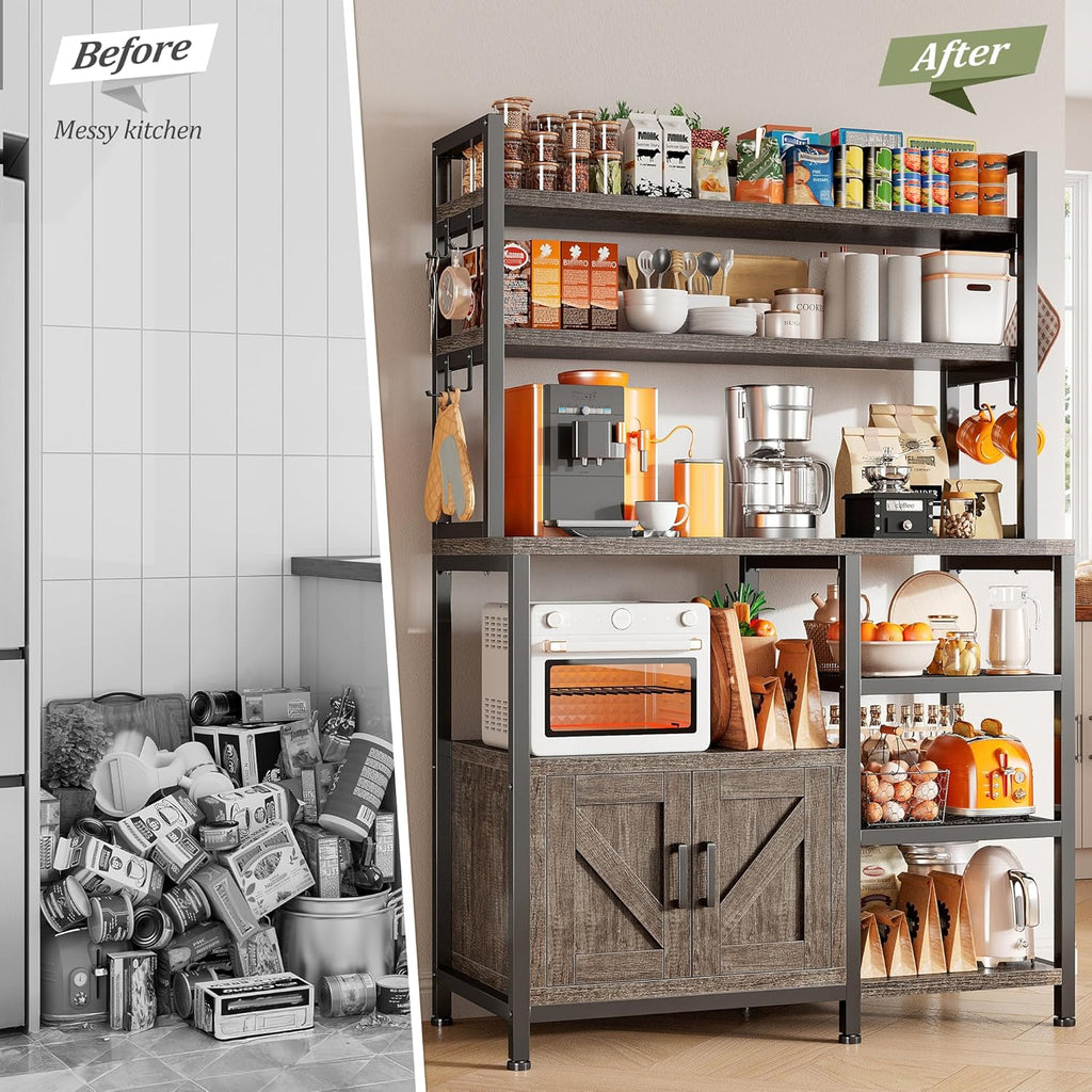 EnHomee Bakers Rack, 6 Tier Microwave Stand, Coffee Bar Organizer with 8 L-Shaped Hooks, Kitchen Shelves with Large Capacity Storage, 14.1 x 30.1 x 63.1 Inches, Black Oak