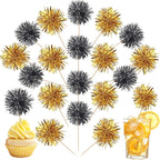 40 PCS Foil Firework Cupcake Toppers Sparkle Tinsel Cupcake Picks Fireworks Birthday Party Decorations Cocktail Fruit Toothpick for Birthday Wedding Graduation Party Decorations Supplies Black Gold