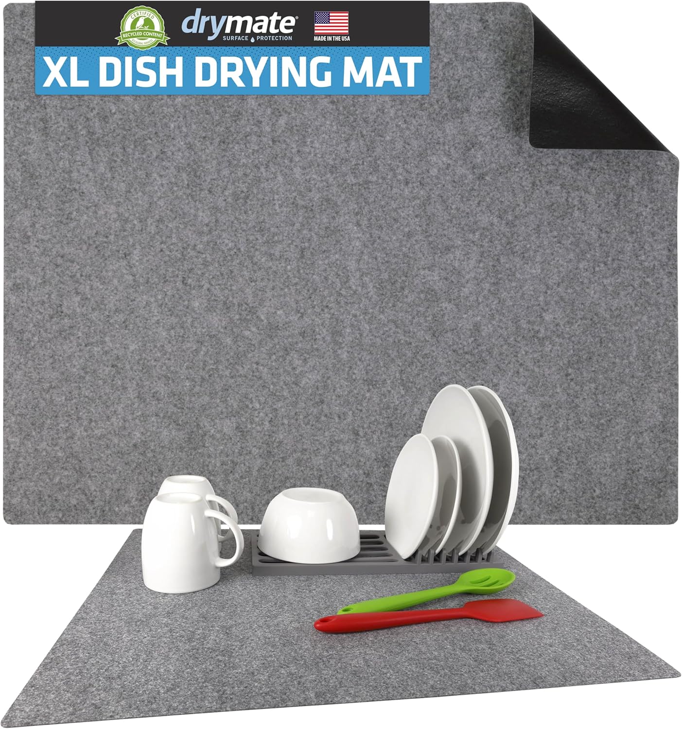 Drymate XL Dish Drying Mat, Oversized (19”x24”), Low-Profile, Super Absorbent, Quick Dry Fabric, Waterproof & Slip-Resistant, for Kitchen Counter, Trimmable, Easy to Clean (USA Made)(Light Grey)