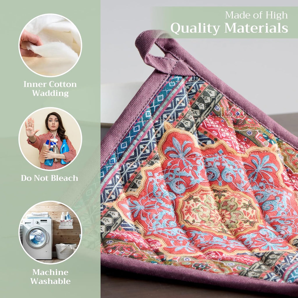 Maison d' Hermine Pot Holders Set 100% Cotton Heat Resistant Potholders 8" x 8" Hot Pads with Loop BBQ, Cooking, Baking, Grilling, Kitchen, Handling Hot Pans (Pack of 2, Ispahan)