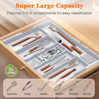 Large Utensil Drawer Organizer Expandable Silverware Organizer for Kitchen Drawer Adjustable Cooking Utensil Holder Cutlery Flatware Tray Spatula Tools Gadgets Storage Dividers Plastic Grey