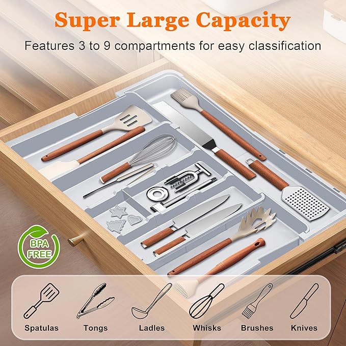 Large Utensil Drawer Organizer Expandable Silverware Organizer for Kitchen Drawer Adjustable Cooking Utensil Holder Cutlery Flatware Tray Spatula Tools Gadgets Storage Dividers Plastic Grey