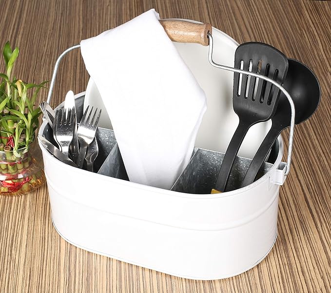 Alpha Living Home 4-Compartment Flatware Caddy - Metal Cutlery Holder Silverware & Condiment Organizer - Perfect for Kitchen, Dining, and Picnics (White)