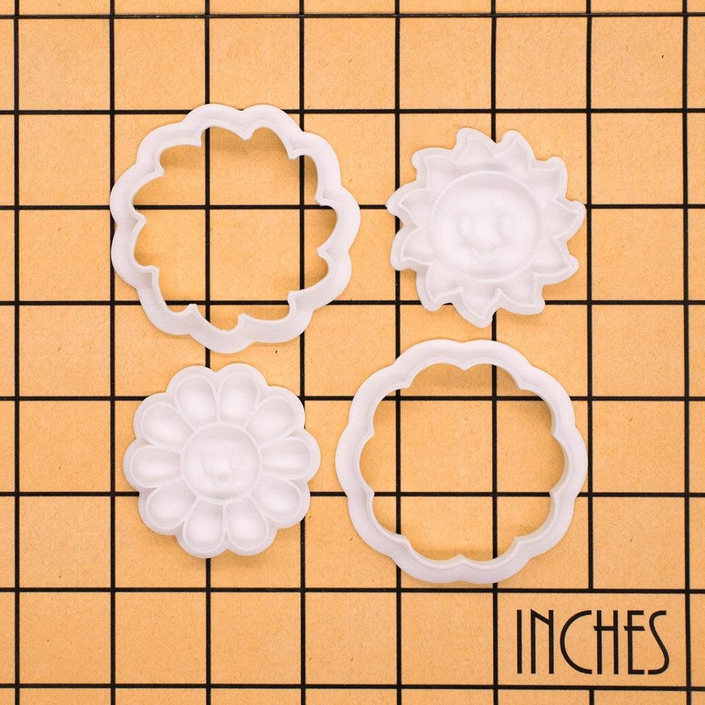 BAKERLOGY Happy Days - Mini 2" Cookie Cutter & Stamp Set - Happy Daisy & Happy Sun Design for Easter, Summer & Spring Cookies, Cupcakes & Fondant Decorations