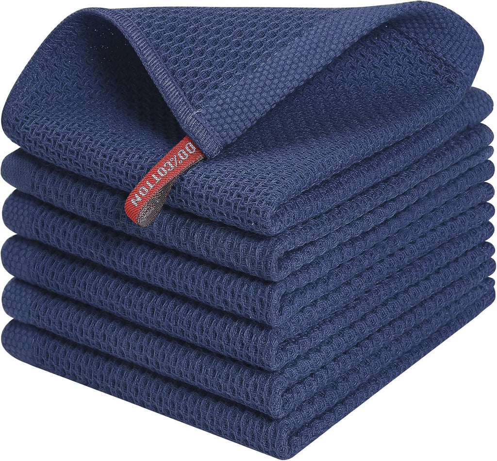 Kitinjoy 100% Cotton Kitchen Dish Cloths, 6 Pack Waffle Weave Ultra Soft Absorbent Dish Towels for Drying Dishes Quick Drying Kitchen Towels Dish Rags, 12 X 12 Inches, Navy Blue