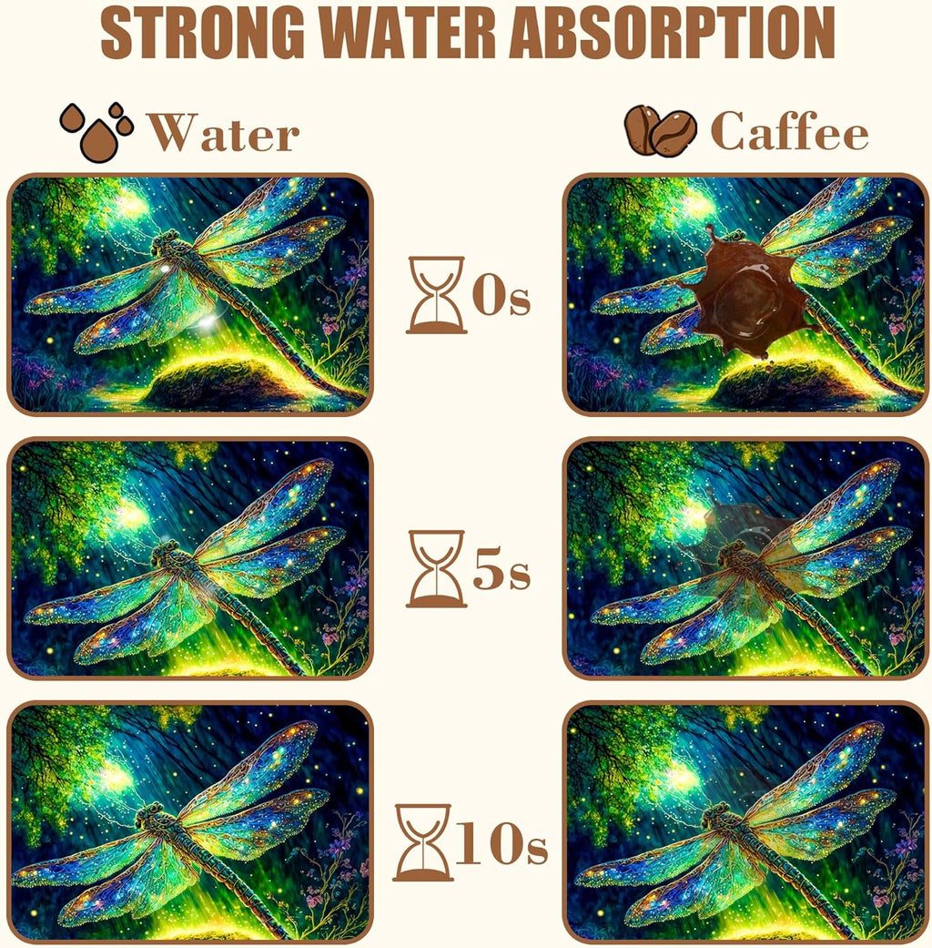 Magic Dragonfly Forest Coffee Mat - Absorbent Dish Drying Mat for Kitchen Counter, Hide Stain, Rubber Backed Bar Accessories, Fits Under Maker, Pot, Espresso Machine, 15.7 x 23.6 Inch