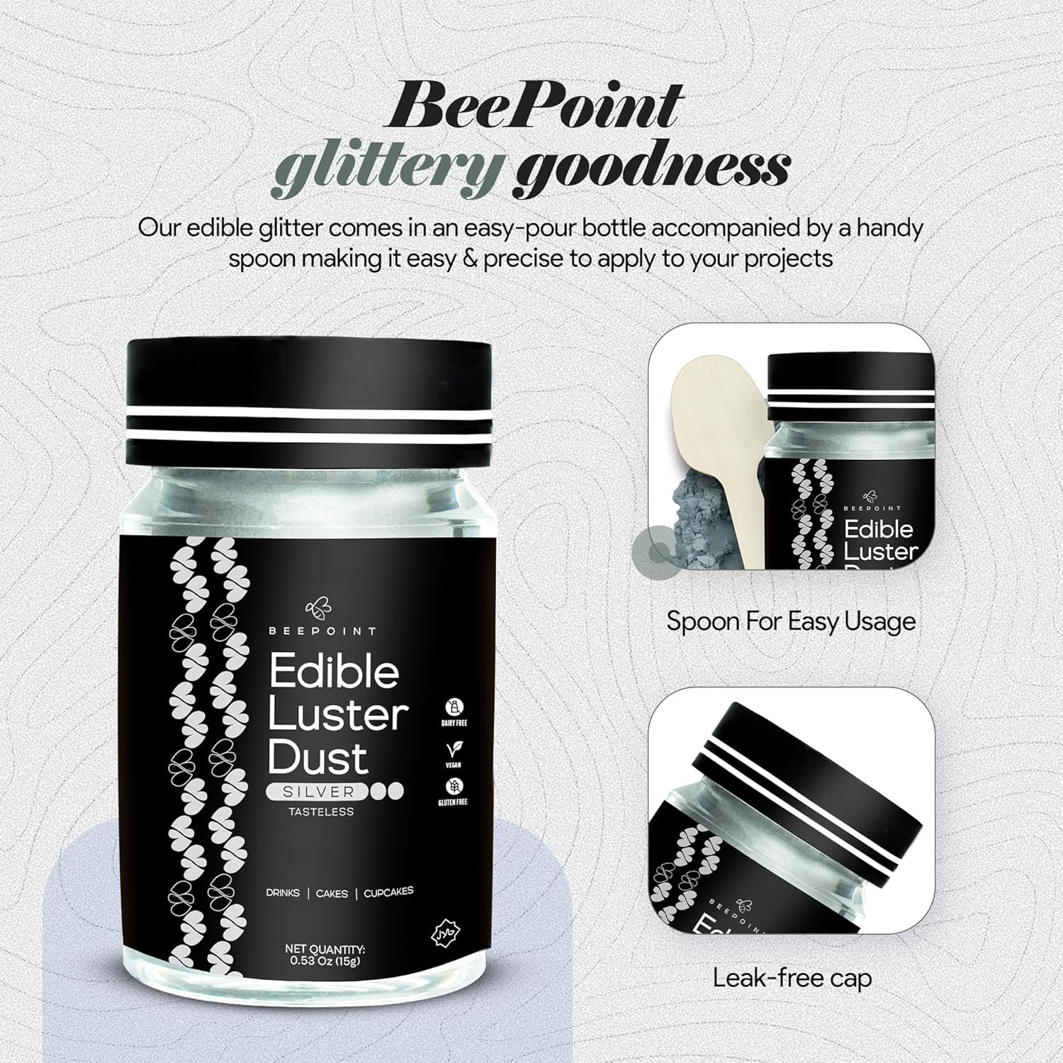 BeePoint Silver Edible Luster Dust 15g - Food Grade, Vibrant Color Shimmer Powdered Dust for Drinks, Cocktails, Cake Decorating, Baking, Chocolates, Candy, Sweets, & Cookies - Vegan & Gluten Free