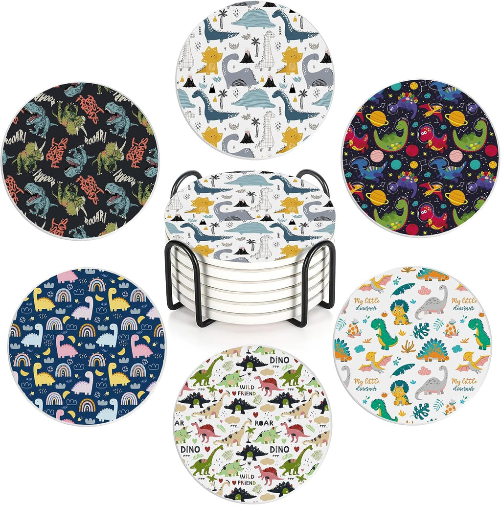 Drink Coasters Set of 6 with Holder, Dinosaur Absorbent Ceramic Drink Coaster for Tabletop Protection,Suitable for Kinds of Cups,Drinks Coasters for Home Office Decoration(4 Inches)