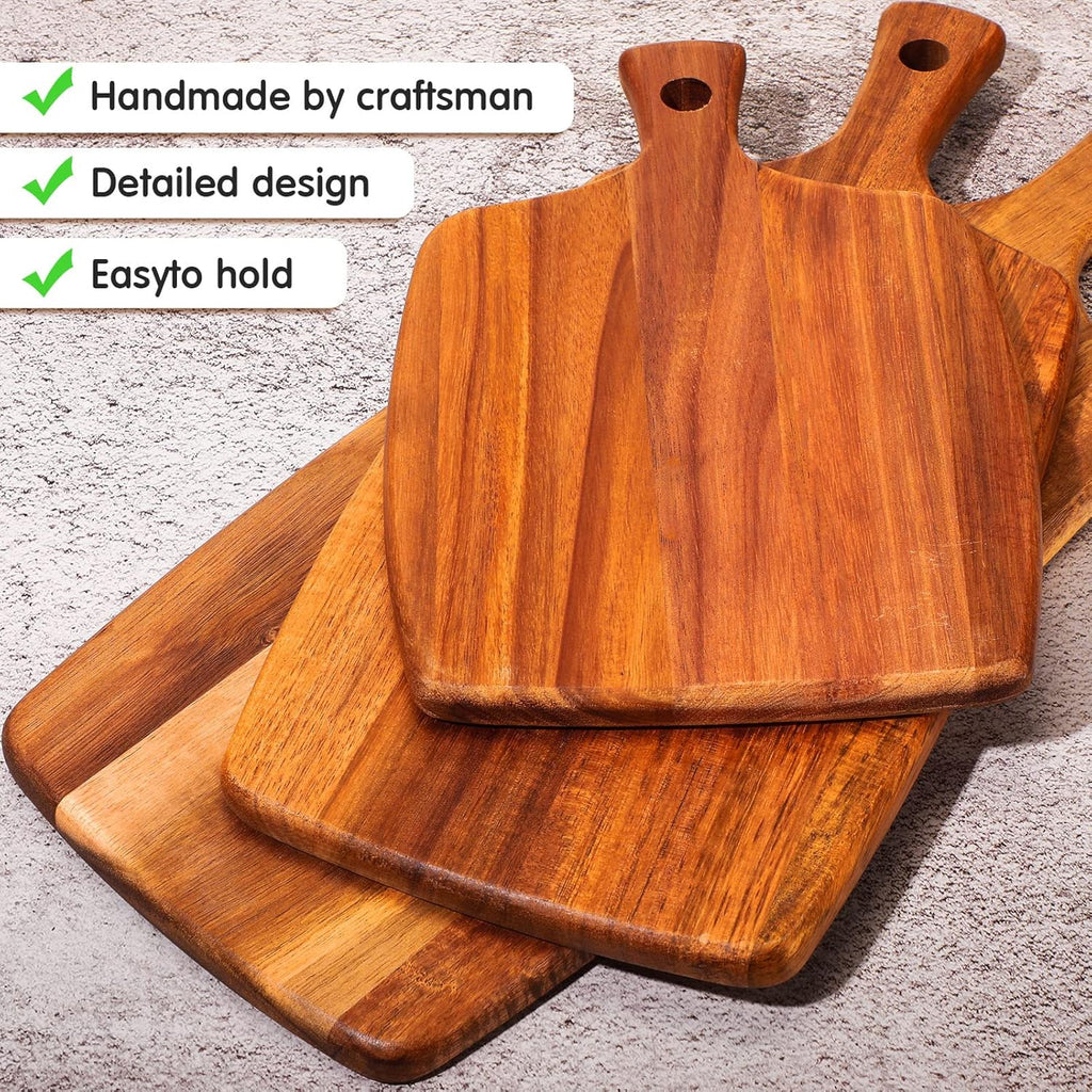 Kathfly 3 Pcs Acacia Wood Cutting Board with Handle Wooden Laser Kitchen Serving Charcuterie Board for Vegetables Meat Pizza Cheese Fruit Bread(17 x 7 Inch)