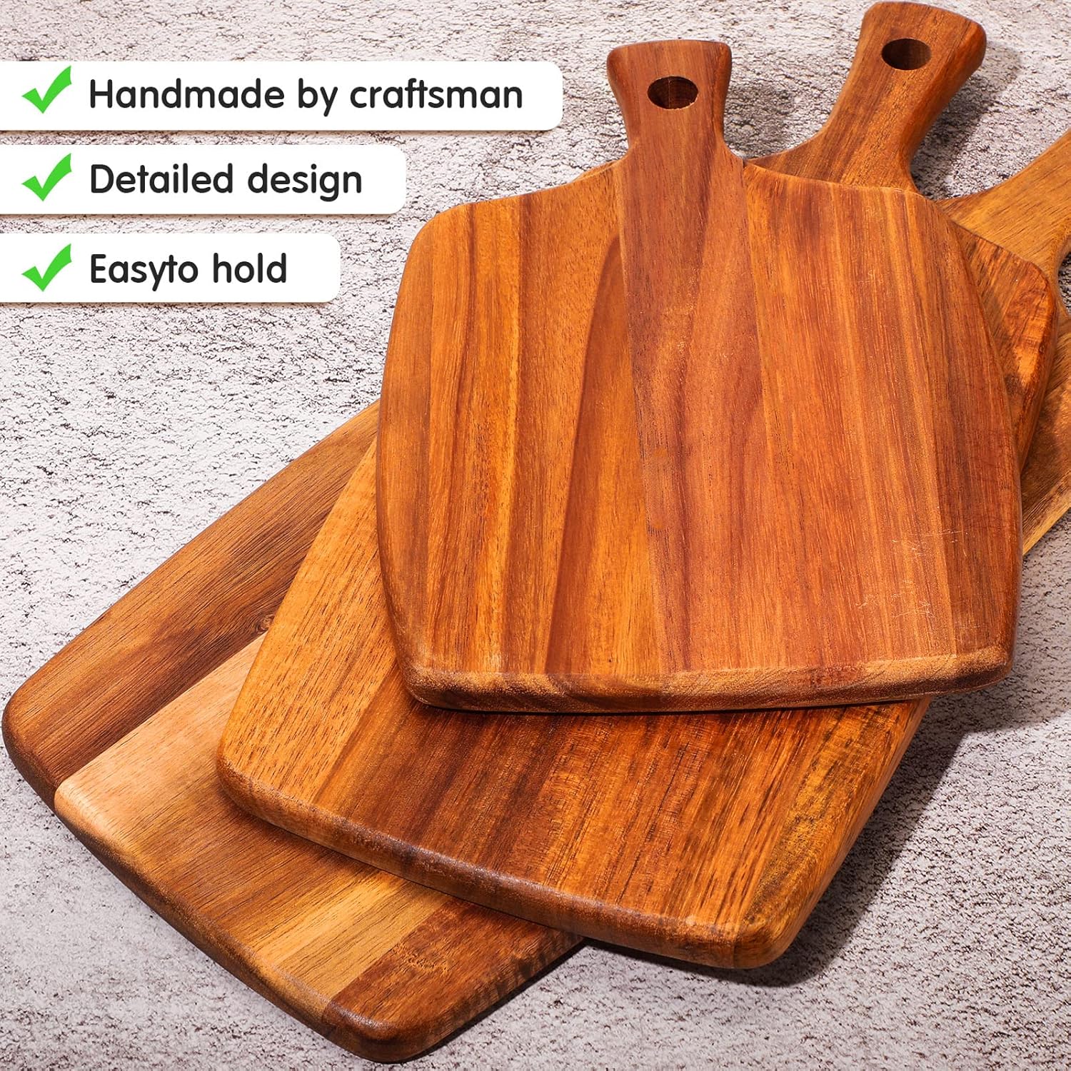 Kathfly 3 Pcs Acacia Wood Cutting Board with Handle Wooden Laser Kitchen Serving Charcuterie Board for Vegetables Meat Pizza Cheese Fruit Bread(17 x 7 Inch)