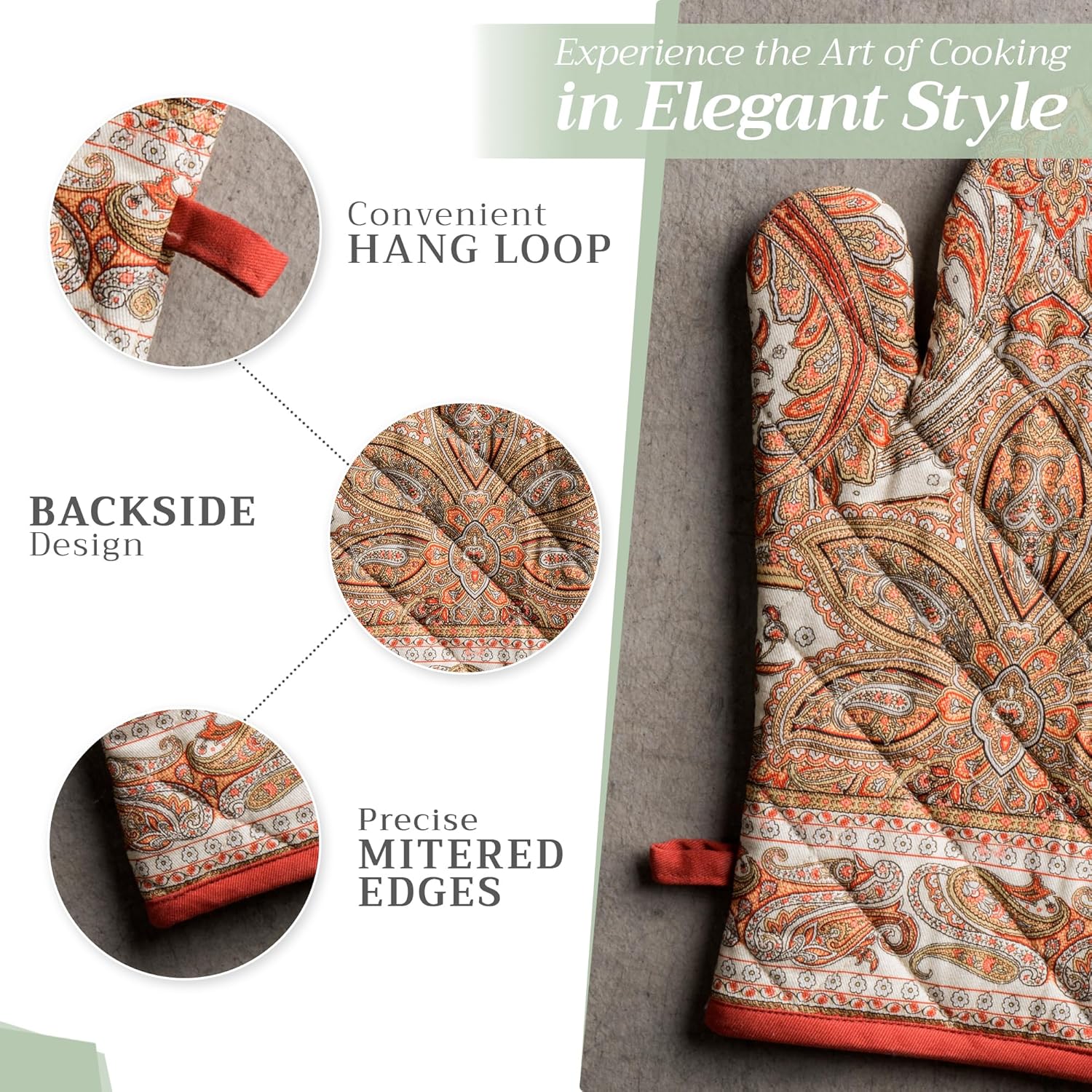 Maison d' Hermine Oven Gloves 100% Cotton Oven Mitt 7" x 13" with Loop Heat Resistant, BBQ, Cooking Gloves, Baking, Grilling, Kitchen, Handling Hot Pans (Pack of 1, Kashmir Paisley)